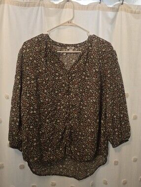 Sonoma Womens Floral Button-Front Blouse - Size Large Brown Multi Color